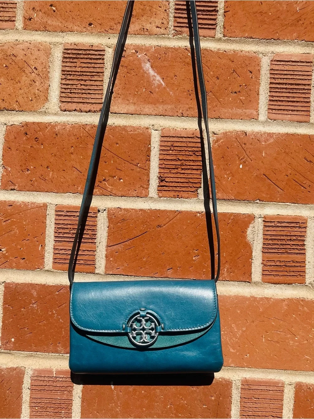 Tory Burch Teal Leather Crossbody Bag with Logo Medallion